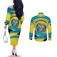 Bahamas Flag Couples Matching Off The Shoulder Long Sleeve Dress and Long Sleeve Button Shirt with National Coat of Arms and Sea Turtle Design - Wonder Print Shop