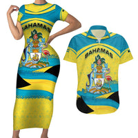Bahamas Flag Couples Matching Short Sleeve Bodycon Dress and Hawaiian Shirt with National Coat of Arms and Sea Turtle Design - Wonder Print Shop