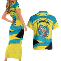 Bahamas Flag Couples Matching Short Sleeve Bodycon Dress and Hawaiian Shirt with National Coat of Arms and Sea Turtle Design - Wonder Print Shop