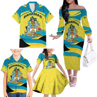 Bahamas Flag Family Matching Off The Shoulder Long Sleeve Dress and Hawaiian Shirt with National Coat of Arms and Sea Turtle Design - Wonder Print Shop