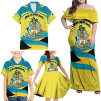 Bahamas Flag Family Matching Off Shoulder Maxi Dress and Hawaiian Shirt with National Coat of Arms and Sea Turtle Design - Wonder Print Shop