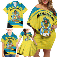 Bahamas Flag Family Matching Off Shoulder Short Dress and Hawaiian Shirt with National Coat of Arms and Sea Turtle Design - Wonder Print Shop