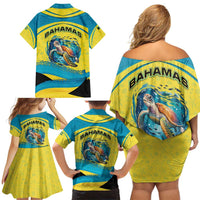Bahamas Flag Family Matching Off Shoulder Short Dress and Hawaiian Shirt with National Coat of Arms and Sea Turtle Design - Wonder Print Shop