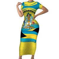 Bahamas Flag Short Sleeve Bodycon Dress with National Coat of Arms and Sea Turtle Design - Wonder Print Shop