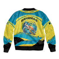 Bahamas Flag Sleeve Zip Bomber Jacket with National Coat of Arms and Sea Turtle Design - Wonder Print Shop