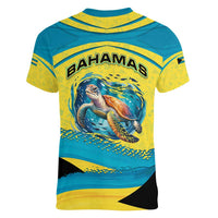 Bahamas Flag Women V-Neck T-Shirt with National Coat of Arms and Sea Turtle Design - Wonder Print Shop