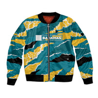Bahamas Bomber Jacket with National Coat of Arms Teal Yellow Ocean Wave Spirit