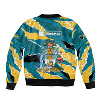Bahamas Bomber Jacket with National Coat of Arms Teal Yellow Ocean Wave Spirit