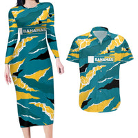 Bahamas Couples Matching Long Sleeve Bodycon Dress and Hawaiian Shirt with National Coat of Arms Teal Yellow Ocean Wave Spirit
