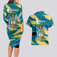 Bahamas Couples Matching Long Sleeve Bodycon Dress and Hawaiian Shirt with National Coat of Arms Teal Yellow Ocean Wave Spirit
