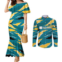 Bahamas Couples Matching Mermaid Dress and Long Sleeve Button Shirt with National Coat of Arms Teal Yellow Ocean Wave Spirit