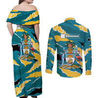 Bahamas Couples Matching Off Shoulder Maxi Dress and Long Sleeve Button Shirt with National Coat of Arms Teal Yellow Ocean Wave Spirit
