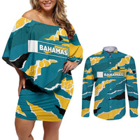 Bahamas Couples Matching Off Shoulder Short Dress and Long Sleeve Button Shirt with National Coat of Arms Teal Yellow Ocean Wave Spirit