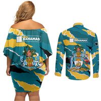 Bahamas Couples Matching Off Shoulder Short Dress and Long Sleeve Button Shirt with National Coat of Arms Teal Yellow Ocean Wave Spirit
