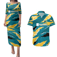 Bahamas Couples Matching Puletasi and Hawaiian Shirt with National Coat of Arms Teal Yellow Ocean Wave Spirit