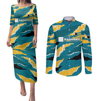 Bahamas Couples Matching Puletasi and Long Sleeve Button Shirt with National Coat of Arms Teal Yellow Ocean Wave Spirit