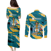 Bahamas Couples Matching Puletasi and Long Sleeve Button Shirt with National Coat of Arms Teal Yellow Ocean Wave Spirit