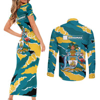 Bahamas Couples Matching Short Sleeve Bodycon Dress and Long Sleeve Button Shirt with National Coat of Arms Teal Yellow Ocean Wave Spirit
