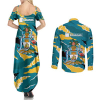Bahamas Couples Matching Summer Maxi Dress and Long Sleeve Button Shirt with National Coat of Arms Teal Yellow Ocean Wave Spirit