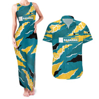 Bahamas Couples Matching Tank Maxi Dress and Hawaiian Shirt with National Coat of Arms Teal Yellow Ocean Wave Spirit