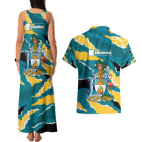 Bahamas Couples Matching Tank Maxi Dress and Hawaiian Shirt with National Coat of Arms Teal Yellow Ocean Wave Spirit
