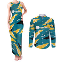 Bahamas Couples Matching Tank Maxi Dress and Long Sleeve Button Shirt with National Coat of Arms Teal Yellow Ocean Wave Spirit