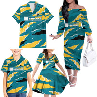 Bahamas Family Matching Off The Shoulder Long Sleeve Dress and Hawaiian Shirt with National Coat of Arms Teal Yellow Ocean Wave Spirit