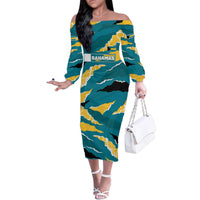 Bahamas Family Matching Off The Shoulder Long Sleeve Dress and Hawaiian Shirt with National Coat of Arms Teal Yellow Ocean Wave Spirit