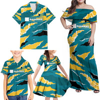 Bahamas Family Matching Off Shoulder Maxi Dress and Hawaiian Shirt with National Coat of Arms Teal Yellow Ocean Wave Spirit