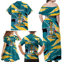 Bahamas Family Matching Off Shoulder Maxi Dress and Hawaiian Shirt with National Coat of Arms Teal Yellow Ocean Wave Spirit