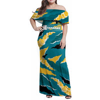 Bahamas Family Matching Off Shoulder Maxi Dress and Hawaiian Shirt with National Coat of Arms Teal Yellow Ocean Wave Spirit