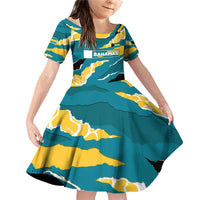 Bahamas Family Matching Off Shoulder Short Dress and Hawaiian Shirt with National Coat of Arms Teal Yellow Ocean Wave Spirit