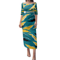 Bahamas Family Matching Puletasi and Hawaiian Shirt with National Coat of Arms Teal Yellow Ocean Wave Spirit