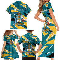 Bahamas Family Matching Short Sleeve Bodycon Dress and Hawaiian Shirt with National Coat of Arms Teal Yellow Ocean Wave Spirit