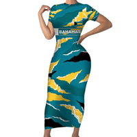 Bahamas Family Matching Short Sleeve Bodycon Dress and Hawaiian Shirt with National Coat of Arms Teal Yellow Ocean Wave Spirit