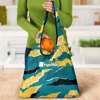 Bahamas Grocery Bag with National Coat of Arms Teal Yellow Ocean Wave Spirit