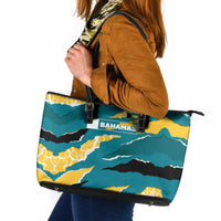 Bahamas Leather Tote Bag with National Coat of Arms Teal Yellow Ocean Wave Spirit