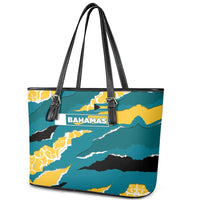 Bahamas Leather Tote Bag with National Coat of Arms Teal Yellow Ocean Wave Spirit