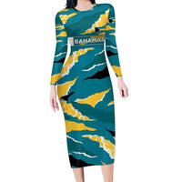 Bahamas Long Sleeve Bodycon Dress with National Coat of Arms Teal Yellow Ocean Wave Spirit