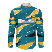 Bahamas Long Sleeve Button Shirt with National Coat of Arms Teal Yellow Ocean Wave Spirit