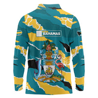 Bahamas Long Sleeve Polo Shirt with National Coat of Arms Teal Yellow Ocean Wave Spirit