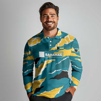 Bahamas Long Sleeve Polo Shirt with National Coat of Arms Teal Yellow Ocean Wave Spirit
