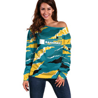 Bahamas Off Shoulder Sweater with National Coat of Arms Teal Yellow Ocean Wave Spirit