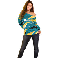 Bahamas Off Shoulder Sweater with National Coat of Arms Teal Yellow Ocean Wave Spirit