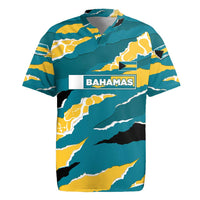 Bahamas Rugby Jersey with National Coat of Arms Teal Yellow Ocean Wave Spirit