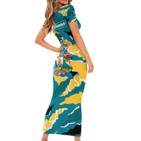 Bahamas Short Sleeve Bodycon Dress with National Coat of Arms Teal Yellow Ocean Wave Spirit