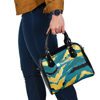 Bahamas Shoulder Handbag with National Coat of Arms Teal Yellow Ocean Wave Spirit