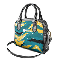 Bahamas Shoulder Handbag with National Coat of Arms Teal Yellow Ocean Wave Spirit