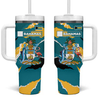 Bahamas Tumbler With Handle with National Coat of Arms Teal Yellow Ocean Wave Spirit