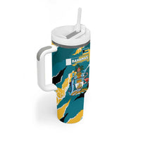 Bahamas Tumbler With Handle with National Coat of Arms Teal Yellow Ocean Wave Spirit